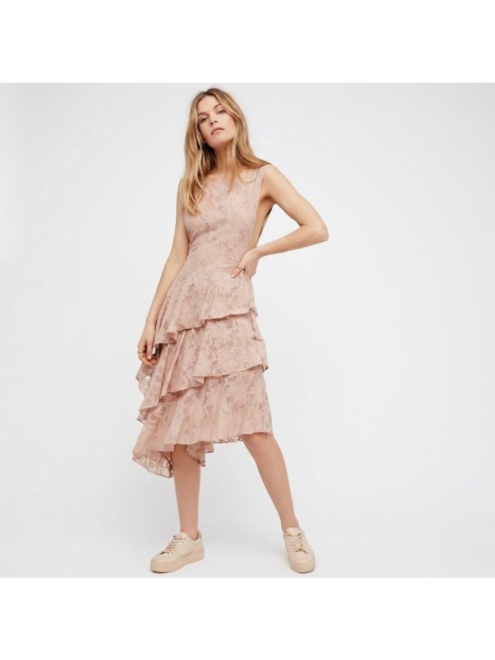 NWT Free People Asymmetrical Tiered Ruffle Hem Pink Lace Dress S | Coquette Boho